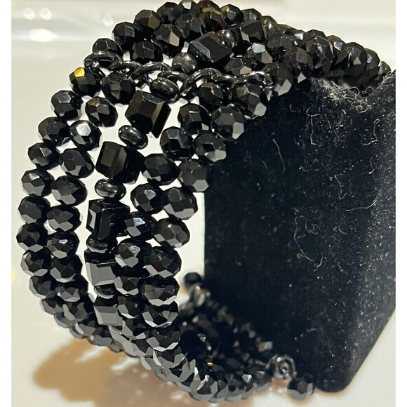 Estate Six Strand Black Faceted Stretch Memory Wire Wrap Bracelet Whimsy Goth - Picture 3 of 6